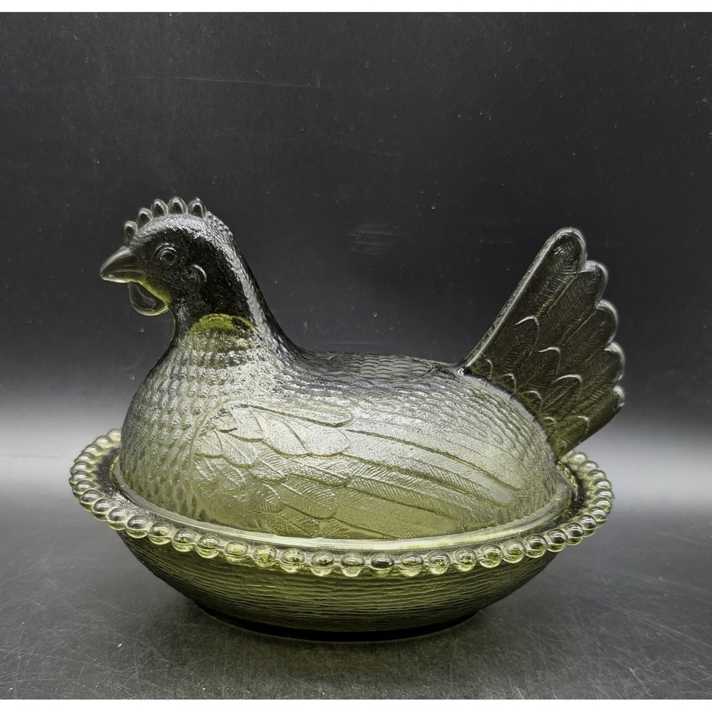 Indiana Glass Olive Green Hen on Nest Beaded Rim Vintage Candy Dish 7"